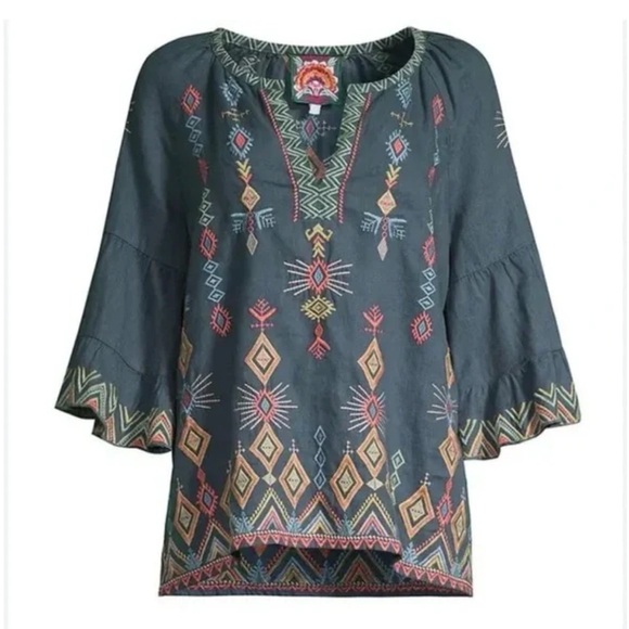 Johnny Was Cerise Tiered Sleeve Linen Peasant Top | Size Medium - Picture 3 of 7